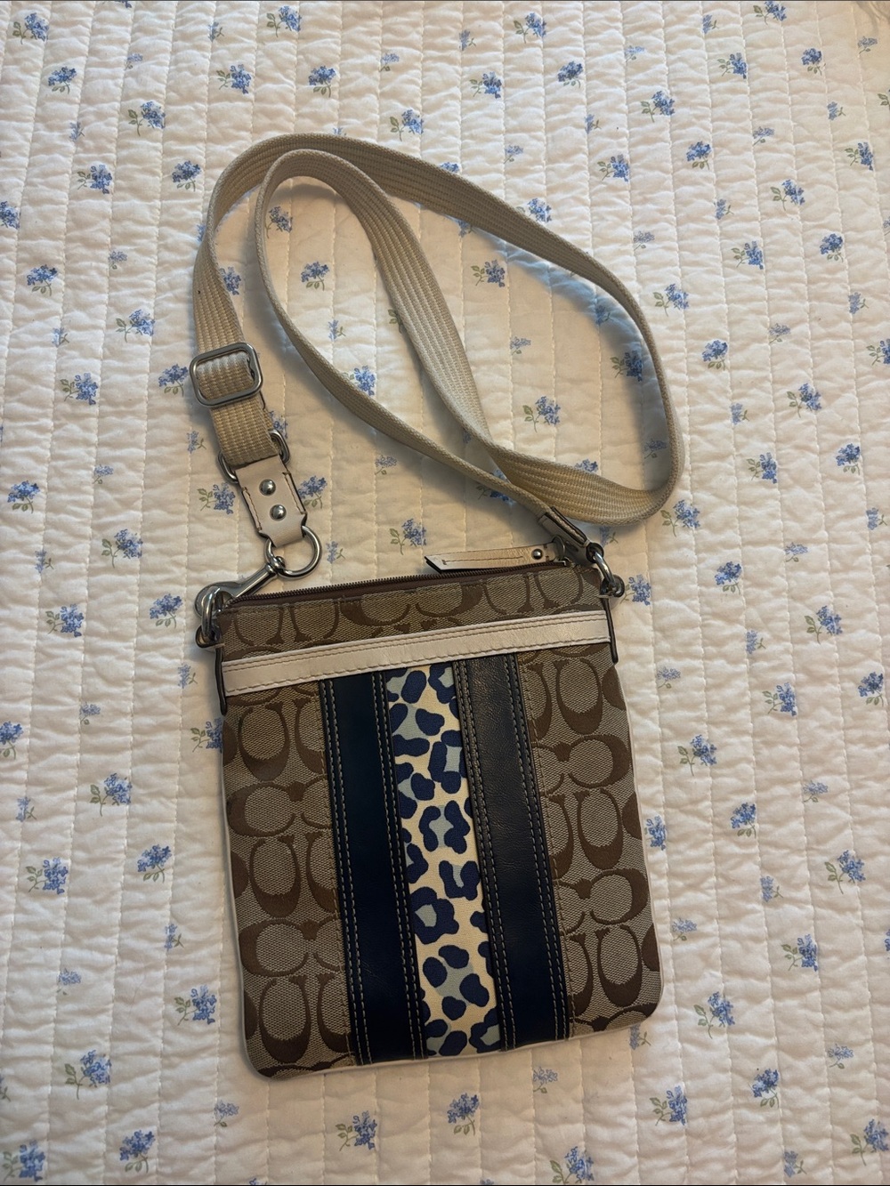 Vintage Coach Brown Signature Crossbody with Navy and Cream Leopard Stripe